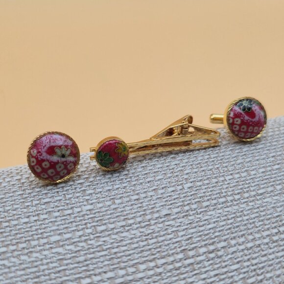 Gold And Red Floral Tie Clip And Cuff Links Set B791 - Picture 2 of 7